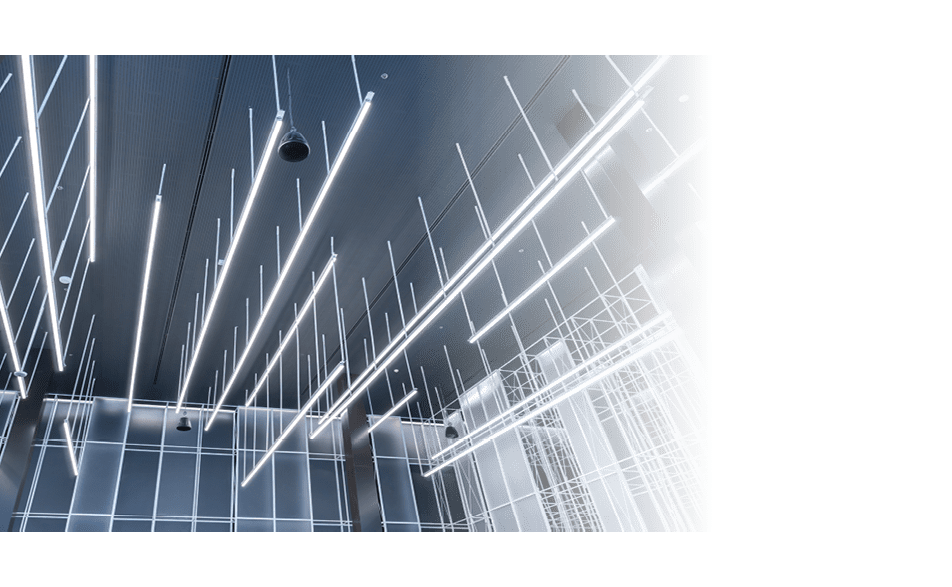 fluorescent ceiling lamp modern design in the co-working space business office, hanging light in large building