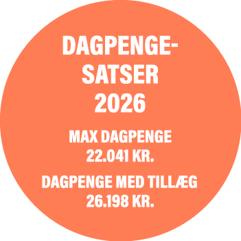 Dagpenge satser 2026 Max dagpenge 22.041 kr. Dagpenge med till g 26.198 kr. 